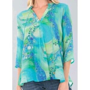 Apny Blouse Size L Bubble Print 3/4 Sleeve V Neck Tassel